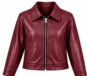 Chaqueta de Mujer en Cuero Sintético Color Borgoña, Cuello Camisero, Cierre de Cremallera, Manga Larga - Product Image 1