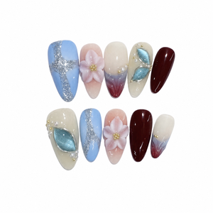 Uñas de almendra acrílicas usables Diseño de dedo prediseñado Deep Wine Red Seasonal Elegance Blue Chantilly - Product Image 1