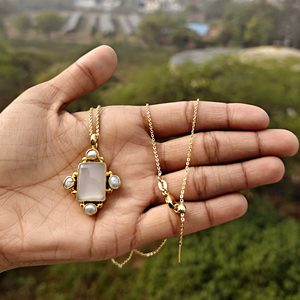 High quality gold plated chain necklace natural white moonstone with pearl charms beaded design pendant necklace <b>gift</b> for women - Product Image 4