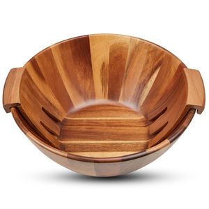 Bol en bois de manguier émaillé fait main, écologique et luxueux, avec motif floral aquarelle bleu, style rustique, pour servir des salades - Product Image 1