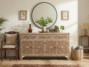 Handmade Eco-Friendly Durable Modern Pink Bone Inlay Solid Wood <b>6</b>-<b>Drawer</b> Dresser Striped Pattern for Living Room Bedroom Storage - Product Image 4