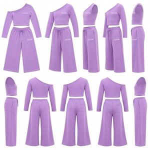 Ensemble de yoga violet pour femme avec logo personnalisé, haut court asymétrique et pantalon de survêtement large à cordon de serrage, tenue de sport en spandex - Product Image 3
