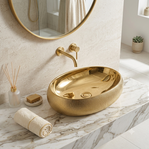 Lavabo Ovalado de Latón Martillado con Exterior Texturizado e Interior Dorado Brillante para Proyectos de Renovación de Baños de Primera Calidad - Product Image 3