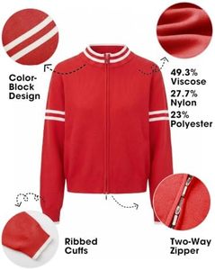 Chaqueta bomber roja de punto para mujer, estilo varsity, con cuello y mangas a rayas, cierre de cremallera, informal, directo de fábrica, fabricante OEM - Product Image 4