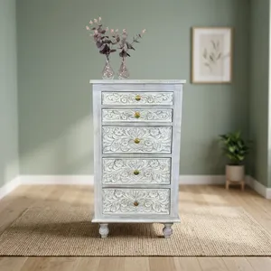 Solid Mango Wood 5 Drawer Whitewash Carved <b>Bedside</b> Table Rustic Storage Nightstand Vintage Bedroom Furniture - Product Image 5