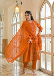 Traditional <b>Indian</b> Women's Cotton Embroidery Quick Dry Knee-Length <b>Kurta</b> Set Pant Dupatta Regular Fit Wedding Party Diwali All - Product Image 3