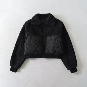 Veste en fausse fourrure vintage décontractée pour femmes, col montant, courte, en laine/nylon, hiver, manches longues, poches plaquées, couleur unie - Product Image 4