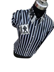 Chemise d'équitation western rayée avec décoration en strass, manches courtes, polyester, vêtements personnalisés pour femmes, pour les événements - Product Image 1