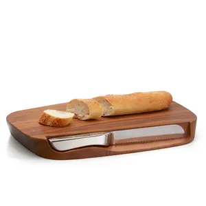 Wooden <b>Bread</b> Board with Stainless Steel <b>Knife</b> Storage Slot Rectangle Serving Platter for Cheese Fruit and Snacks Minimalist - Product Image 3