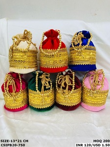 กระเป๋าผ้ากำมะหยี่สีน้ำเงินปักลายเหรียญทองพร้อมเชือกรูดประดับลูกปัด ขนาด 13x21 ซม. สำหรับใส่ของขวัญ - Product Image 6