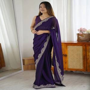 VASTRA COTTAGE Saree Rangoli para Fiesta con Blusa Bordada de Banglori, Color Morado, Atuendo Tradicional Étnico para Mujer - Product Image 1