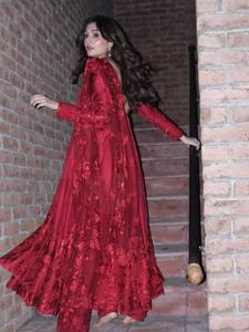 Women's Red Floor Length Traditional Dress With <b>Lace</b> <b>Sleeves</b> And Cape Loose Fit Wedding Attire India Pakistan Style - Product Image 3