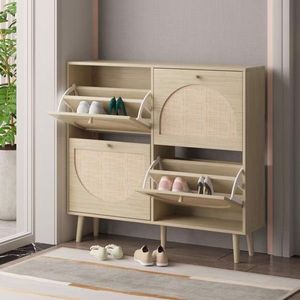 Moderno Armadio Portascarpe in MDF a 4 Cassetti con Ripiano in Rattan Regolabile, Organizzatore Salvaspazio per Scarpe, Mobile per Casa - Product Image 3