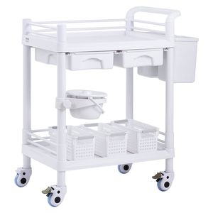 Carrello Portaoggetti Mobile a 2 Ripiani per Laboratorio, Carrello Utilitario con 4 Ruote Silenziose in Materiale PP, 2 Vassoi e 2 Cassetti - Product Image 1