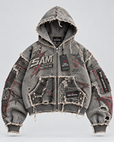 Veste à capuche zippée pour homme SAM TACTICAL, style streetwear oversize, patchwork, gris, polyester, avec poches et logo imprimé