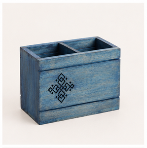 Handcrafted Rustic Blue Wooden Cutlery Holder 2-Compartment Solid Mango Wood Utensil <b>Caddy</b> For Dining Table & <b>Kitchen</b> Countertop - Product Image 1