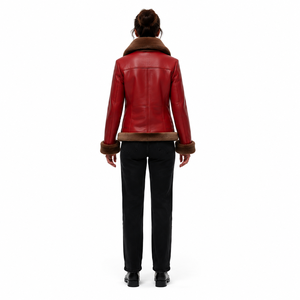 Women's Premium Eco-friendly Ultra-supple Solid Scarlet Red <b>Sheepskin</b> B-6 Pilot <b>Jacket</b> Stand Minimalist Leather Shearling Bomber - Product Image 2