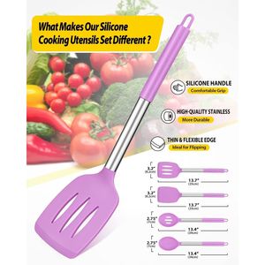 Set di 4 Utensili da Cucina in Silicone Senza BPA, Spatole Grandi Antiaderenti e Cucchiai Forati Resistenti al Calore di Colore Viola - Product Image 3
