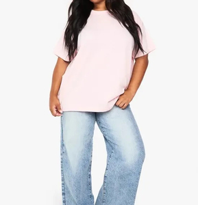 Oversized Plain Pink Short Sleeve T-Shirt Women's Casual O-Neck Jersey Tee Solid Color Cotton Top - Product Image 3