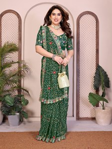 Sari Tradicional Indio-Pakistaní de Chifón Verde Bordado Fendy para Mujer, de Secado Rápido y Longitud Regular - Product Image 2