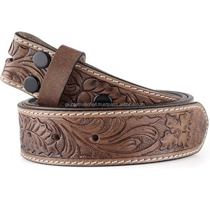 Custom made floral carved western pattern men's <b>tooled</b> <b>belt</b> with snap button for buckle change western <b>leather</b> <b>tooling</b> <b>belt</b> - Product Image 2