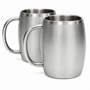Exclusive Stainless Steel Beer <b>Mug</b> Insulated Ribbed Barrel Design Coffee Tankard With <b>Large</b> Handle For Bar & Party Drinkware - Product Image 1
