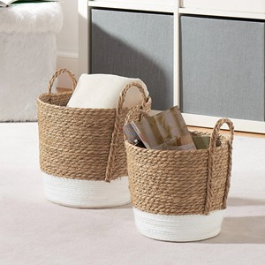 Seagrass <b>basket</b> with white fabric bottom Handmade <b>Storage</b> <b>Basket</b> Wholesale eco-friendly Made in Vietnam - Product Image 3