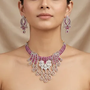 Conjunto de collar clásico de rubí para mujer con detalles de diamantes, chapado en plata, aleación de cobre con circonita, conjuntos de joyería de moda para boda - Product Image 5