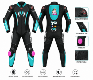 Traje de Motociclismo de Cuero de Manga Larga, de Una Pieza, para Mujer, Color Negro con Estampado de Unicornio, Homologado por la CE, Paneles Elásticos con Protección - Product Image 1