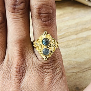 Unique Design <b>Labradorite</b> And Grey Moonstone Vintage <b>Ring</b> 18K Gold Plated Brass Double Stone Statement Wholesale <b>Ring</b> For Women - Product Image 4