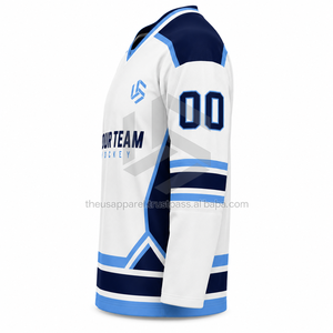 Jersey de Hockey sobre Hielo Personalizado para Hombre, Blanco, Azul Marino, Cuello en V, Manga Larga, Sublimado, 100% Poliéster, Absorbe la Humedad, Corte Regular - Product Image 4