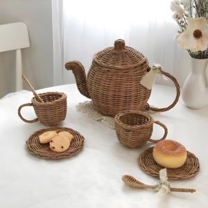 Nuevos productos calientes, juegos de teteras de madera no tóxicas, juego de juguetes de té para niños de ratán Premium - Product Image 5