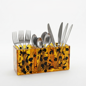 Handmade Resin Cutlery Holder Organizer for Dining Table Modern Amber Leopard Print Flatware <b>Storage</b> Caddy <b>Kitchen</b> Utensil Stand - Product Image 1