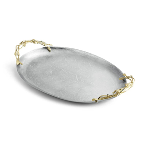 Plateau de service ovale en argent de qualité supérieure avec poignée en feuille d'or, parfait pour la décoration de la maison et comme accent de table à manger, à prix raisonnable. - Product Image 1