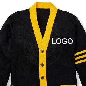 Cardigan en tricot pour femme, broderie de lettres grecques, col en V, manches longues, boutons contrastés, style classique, à porter toute l'année - Product Image 3