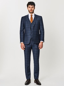 Traje de Negocios para Hombre, Azul a Cuadros, de Lana, Corte Regular, Cuello de Solapa, Antiarrugas, Estilo Británico - Product Image 3