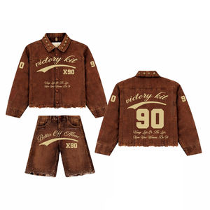 Conjunto de Mezclilla Vintage Lavada para Hombre, Modelo 2026, Chaqueta y Pantalones Cortos Marrones, Estilo Urbano Informal, Moda de Verano, Estilo Europeo y Estadounidense X90 - Product Image 4