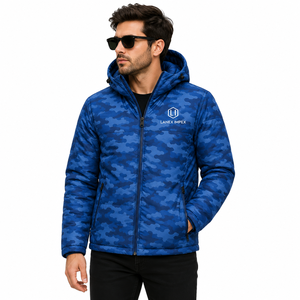 Veste matelassée à capuche camouflage bleue pour homme, imperméable, coupe-vent, isolante thermiquement, pour l'hiver, la randonnée en plein air, décontractée, fermeture éclair intégrale - Product Image 1