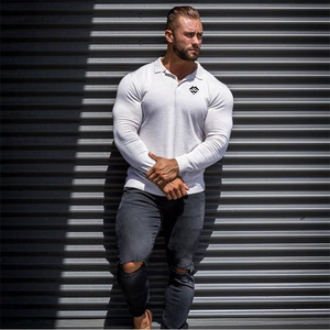Polo en tricot à manches longues pour homme, couleur unie, coupe décontractée avec logo sur le devant - Product Image 1