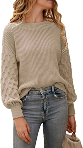 Women's 2025 Winter Casual Long Sleeve Crewneck Loose Chunky Knit Jumper Tops Blouse with Embossed Logo <b>Pullover</b> <b>Sweater</b> - Product Image 3