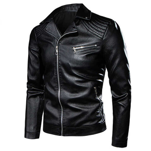 Chaqueta de Moto de Cuero PU para Hombre, Corte Ajustado, Cuello Alto, Cierre de Cremallera, Estilo Otoñal, Manga Regular, Color Sólido - Product Image 1