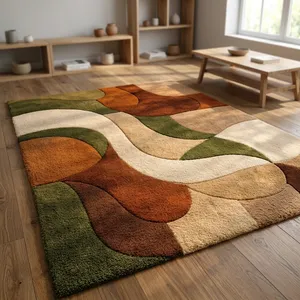 Tapis rectangulaire tufté en peluche abstrait VibranceCarpetArt, moderne, pour salon, en laine et acrylique, avec support en caoutchouc - Product Image 3