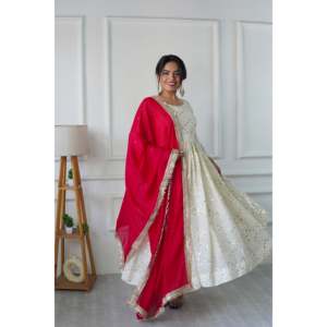Magnifique robe Anarkali avec jupe et dupatta, tenue de soirée en polyester - Product Image 5