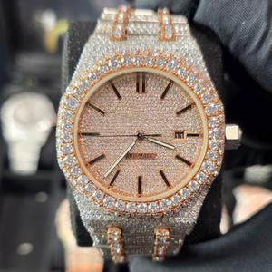 Montre de luxe entièrement sertie de pierres Moissanite VVS, chiffres arabes, boîtier octogonal royal 30 mm, affichage de la date, design Hip Hop, jaune - Product Image 5