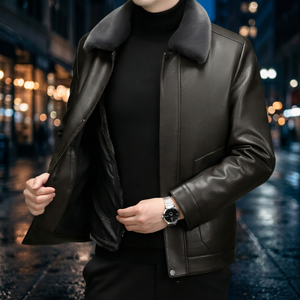 Blouson motard en cuir tressé pour homme, en cuir de mouton véritable, avec bordure côtelée et fermeture éclair - Product Image 4