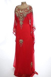 Elegant Blue Solid Floor Length <b>Gold</b> Beaded High Neck Long Sleeve <b>Evening</b> Party <b>Dress</b> Middle East Style Polyester - Product Image 2