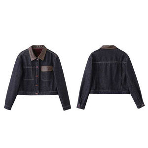 Leather Collar Y2K Streetwear Denim <b>Jacket</b> Steel Donut Button Washed Denim Jean <b>Jackets</b> for Women's for Winter Outerwear - Product Image 1