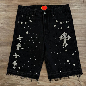 Shorts Bermuda Noirs pour Hommes à Paillettes avec Croix en Strass et Motif à Pois, Style Gothique, Taille Mi-Haute, Fermeture Boutonnée - Product Image 1