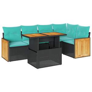 Ensemble de canapés de patio en polyrotin noir et acacia, 6 pièces, avec coussins, ensembles de jardin - Product Image 2