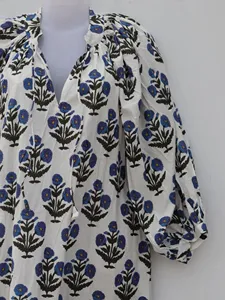 Ethnic Floral White Cotton Block Print Midi <b>Dress</b> Boho Puff Sleeve <b>Loose</b> Fit V-Neck Casual Summer <b>Dress</b> For Women - Product Image 2